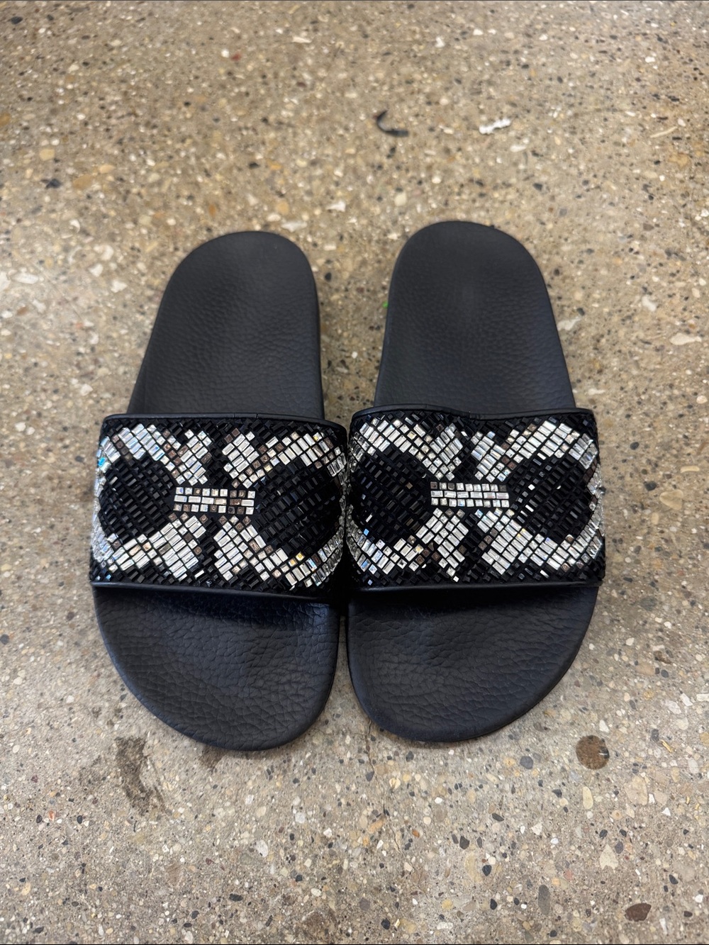 Salvatore Ferragamo Black Slide Sandals w/ Silver Beaded Strap - Size 9 W